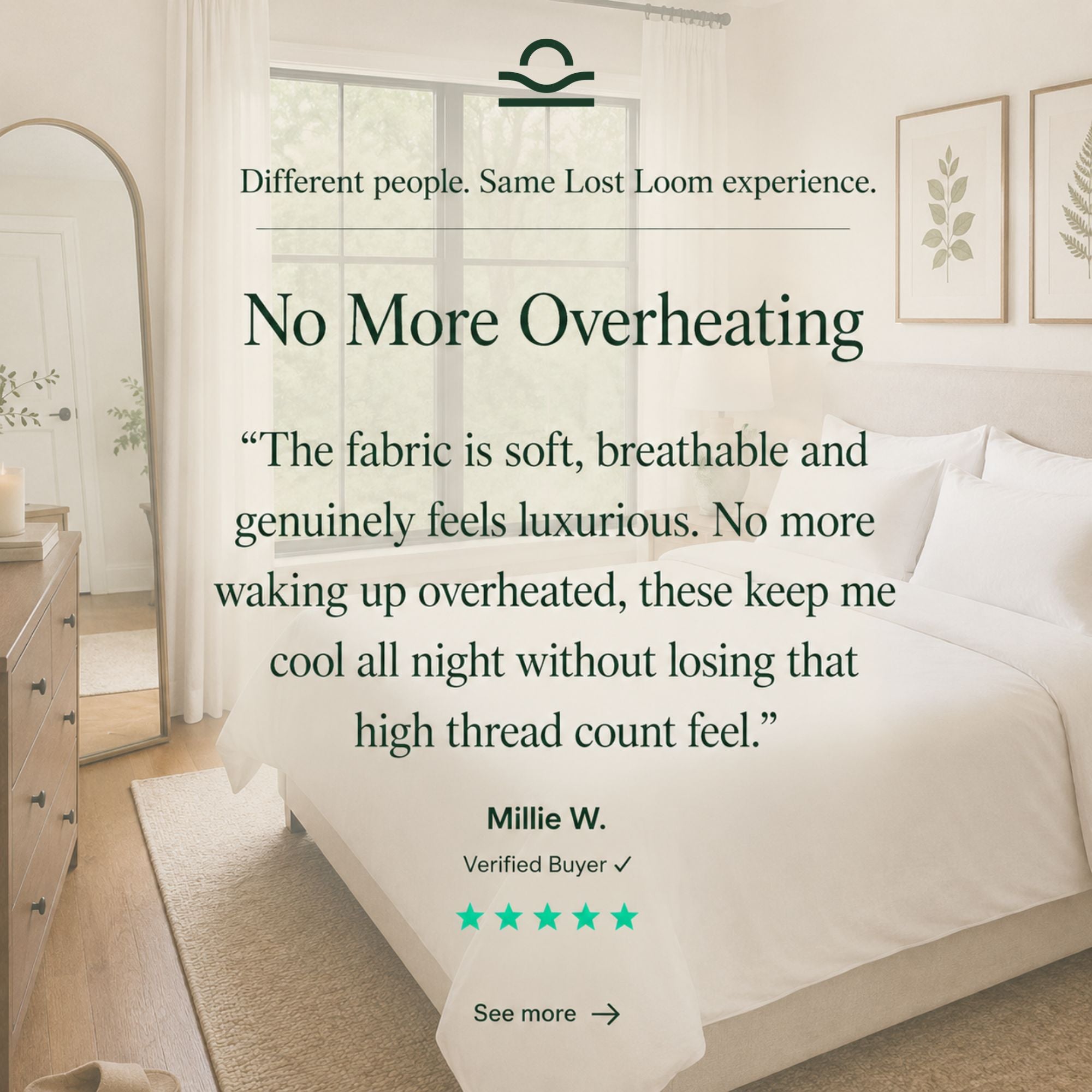 A testimonial graphic for Lost Loom bedding set in a bright, modern bedroom.