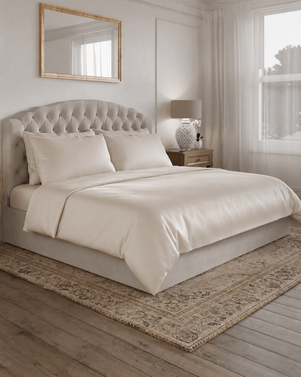 Oatmeal bedding set on a bed in a bedroom with a lamp and mirror.