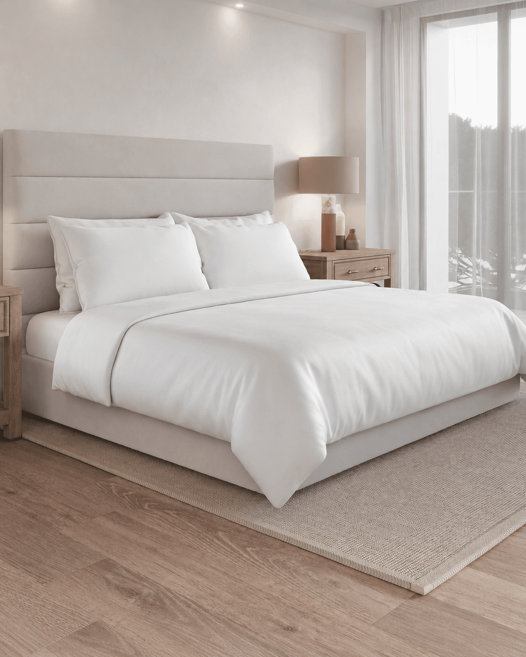 Soft Grey bedding set on a bed in a bedroom with a lamp and mirror.