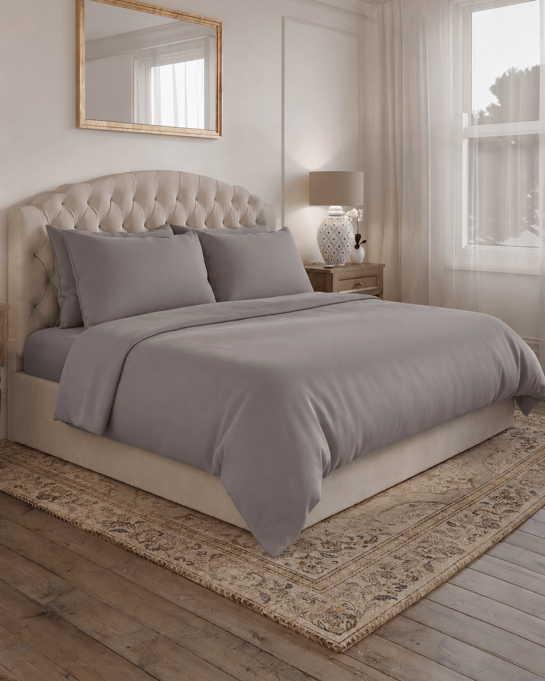 Warm Grey bedding set on a bed in a bedroom with a lamp and mirror.