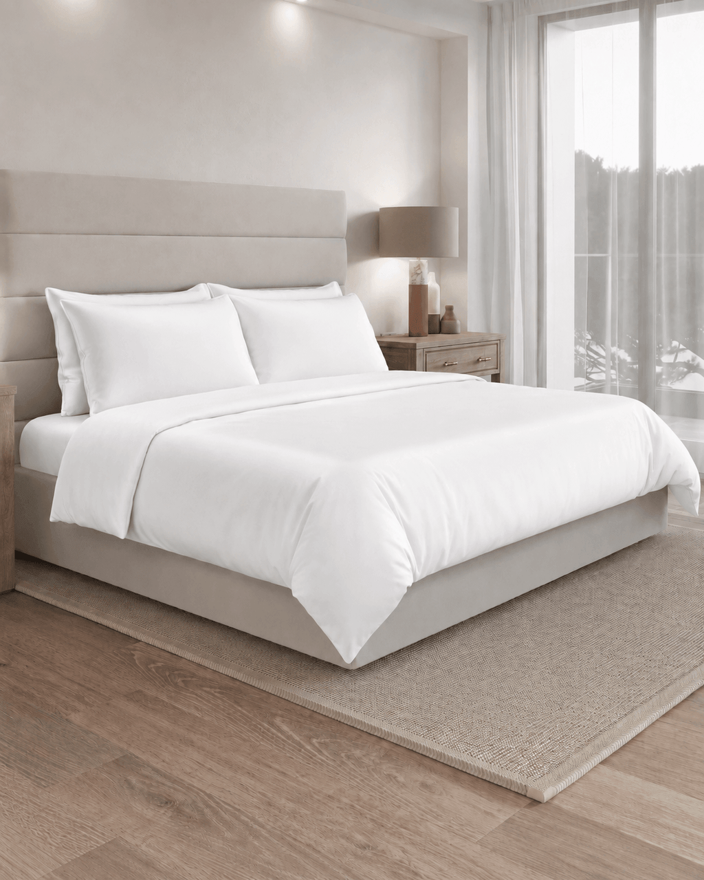 White bedding set on a bed in a bedroom with a lamp and mirror.