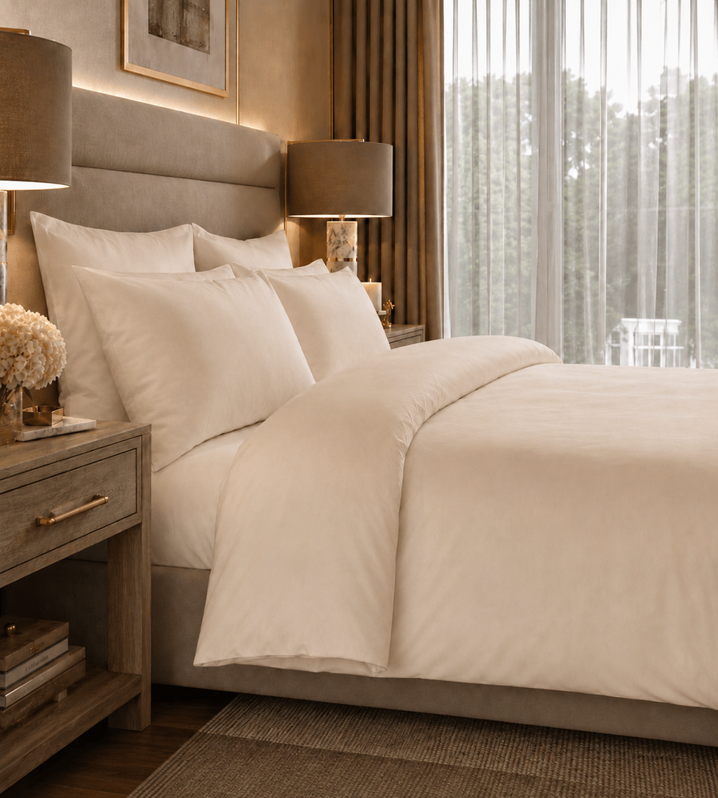 Neatly made bed with beige bedding in a well-lit bedroom.