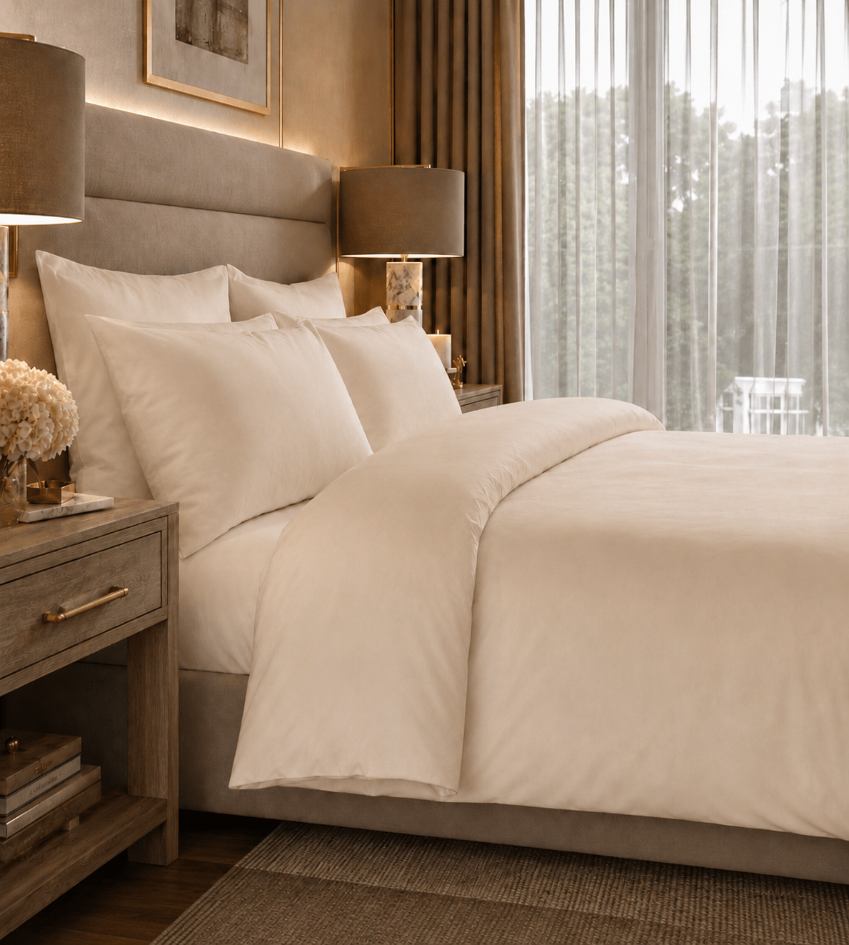 Neatly made bed with beige bedding in a well-lit bedroom.