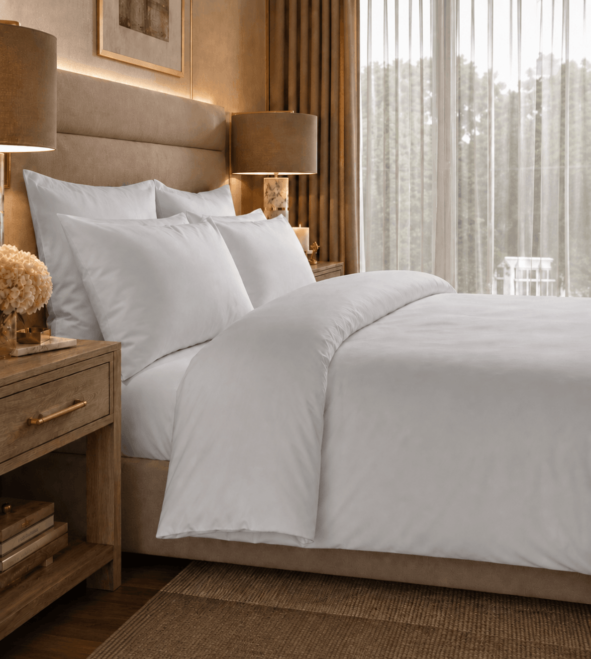 Neatly made bed with white bedding in a well-lit bedroom.