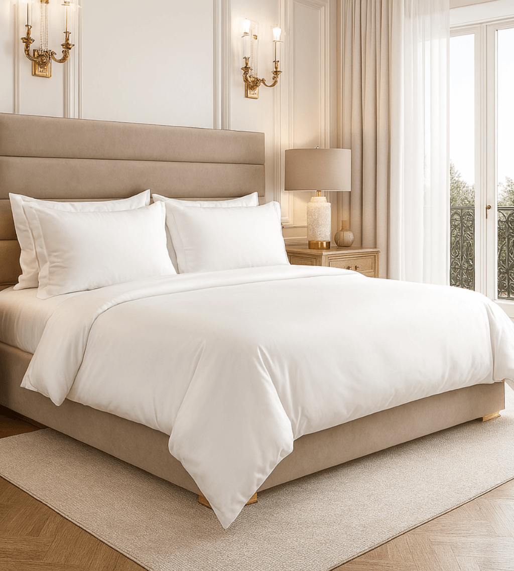 A bright bedroom made up with cool white bamboo bedding