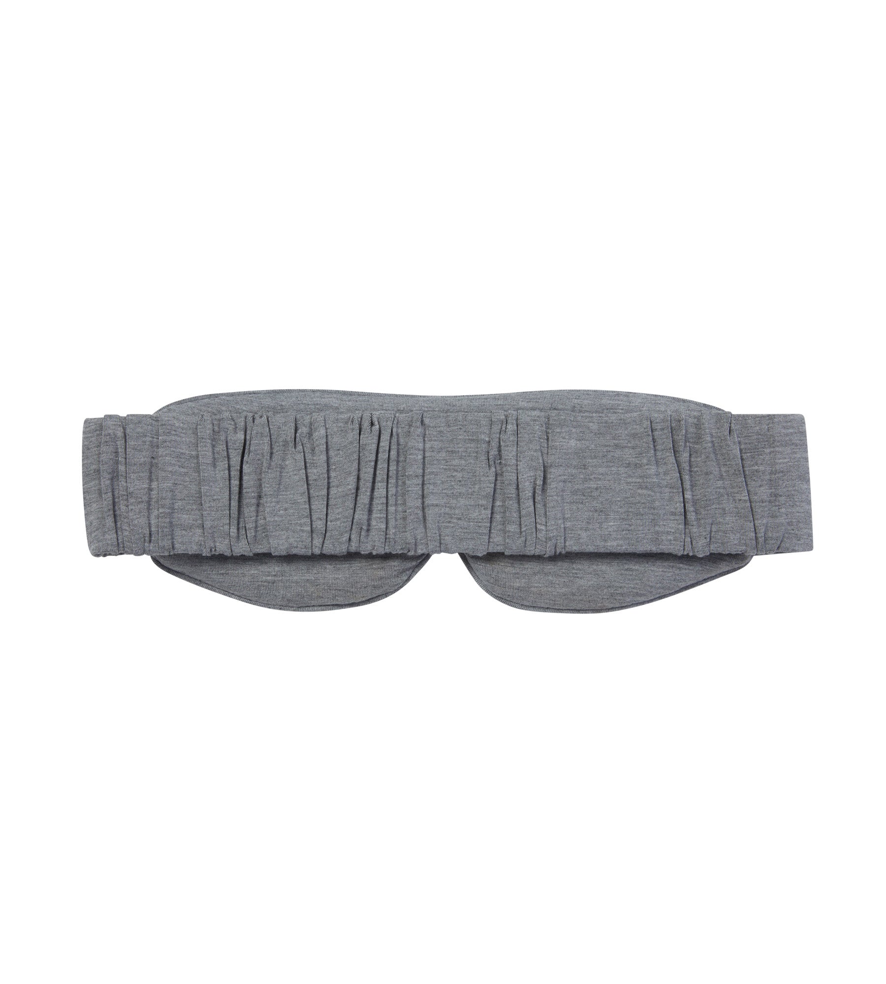 The back of a grey sleep mask on a white background