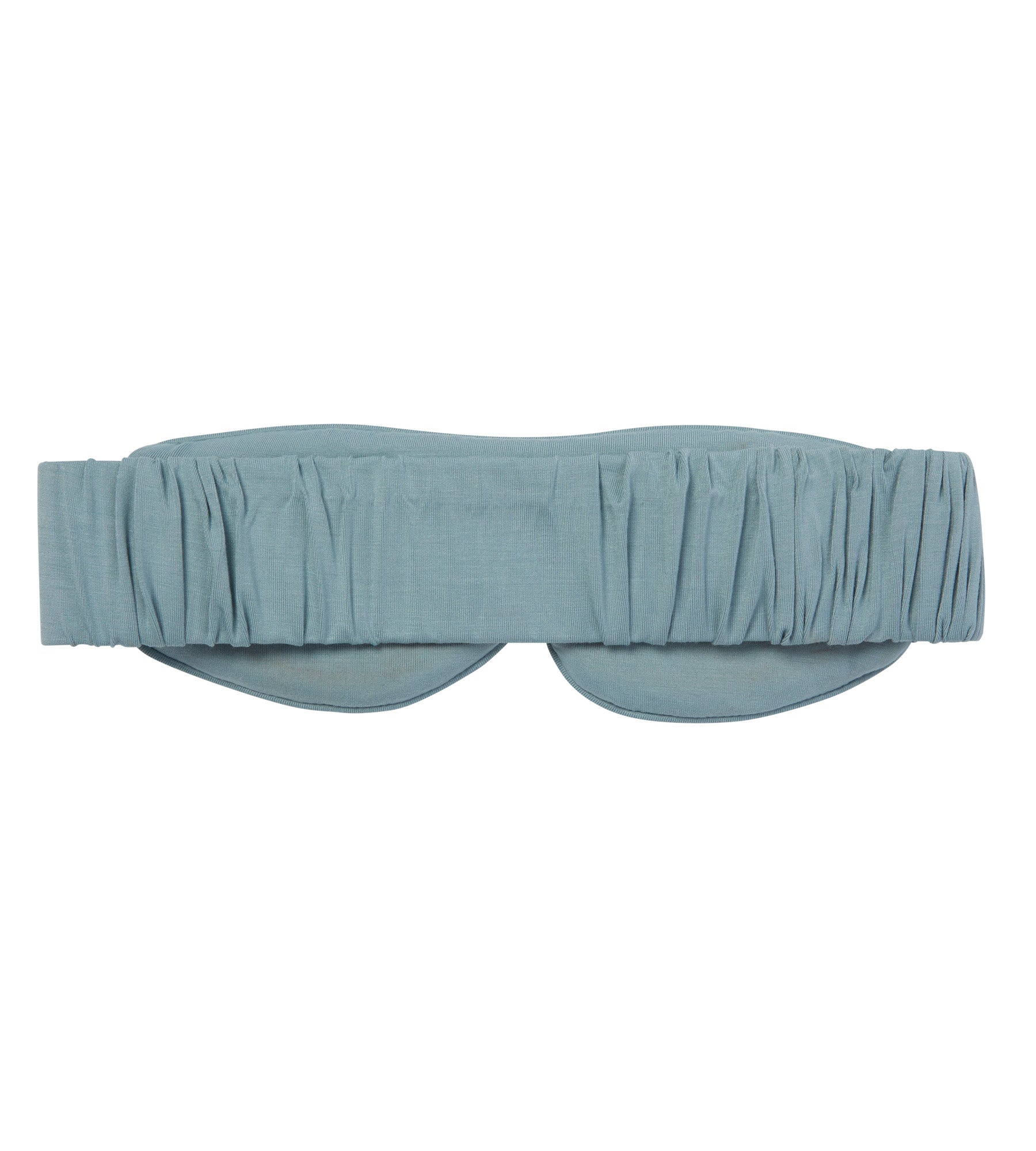 The back of a light blue eye mask with a gathered, pleated fabric design, shown flat against a solid white background.