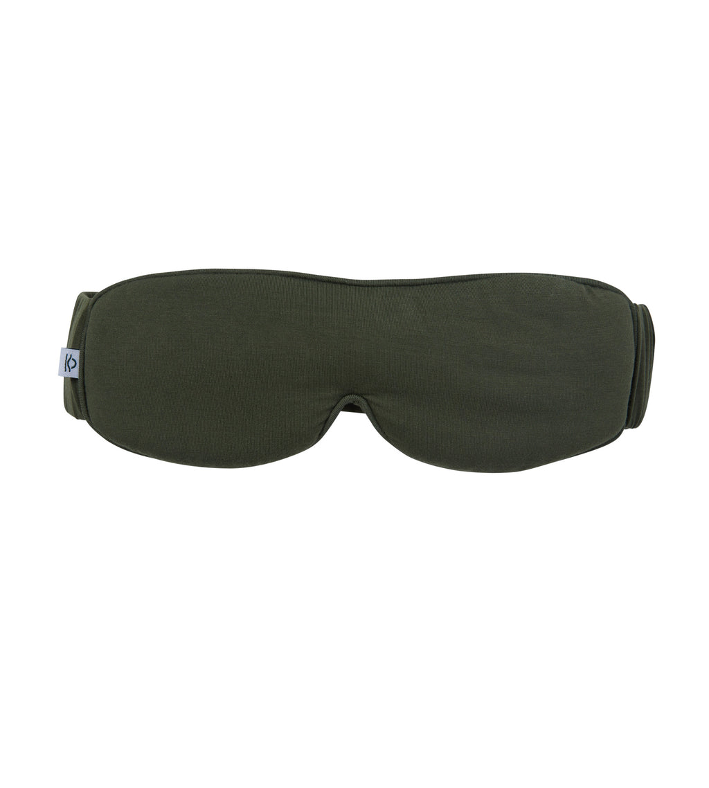 An olive green fabric sleep mask with an integrated strap, shown flat against a solid white background.