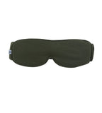An olive green fabric sleep mask with an integrated strap, shown flat against a solid white background.