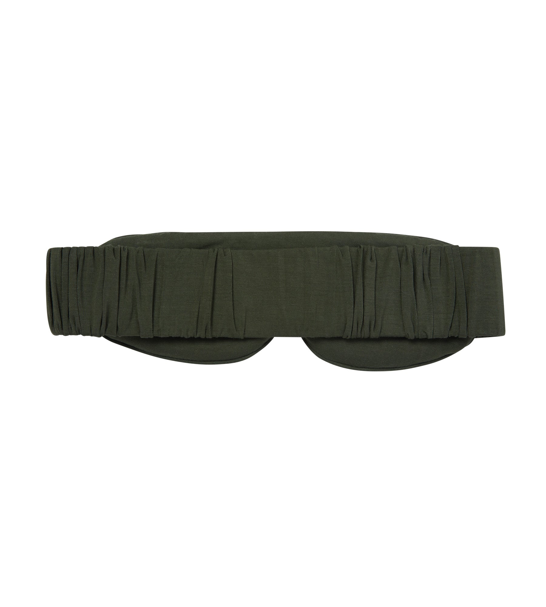 The back of an olive green eye mask with a gathered elastic strap, shown flat against a solid white background.