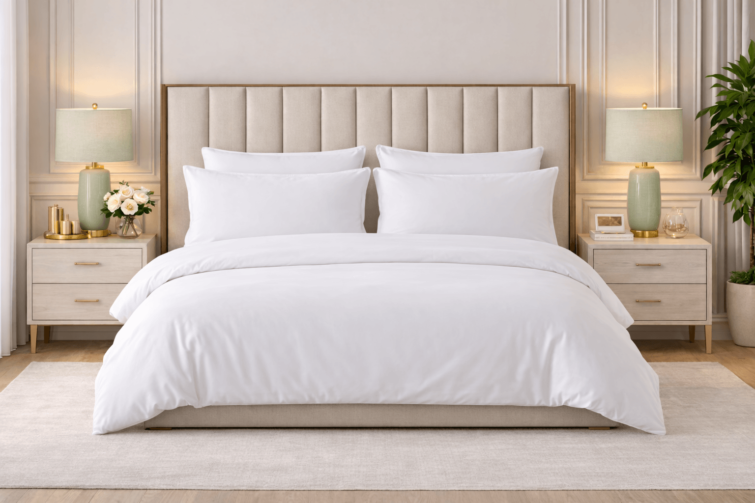 Neatly made bed with white bedding in a bedroom setting.