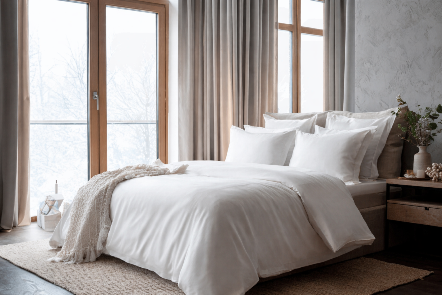 Neatly made bed with white bamboo bedding in a bright bedroom with large windows.