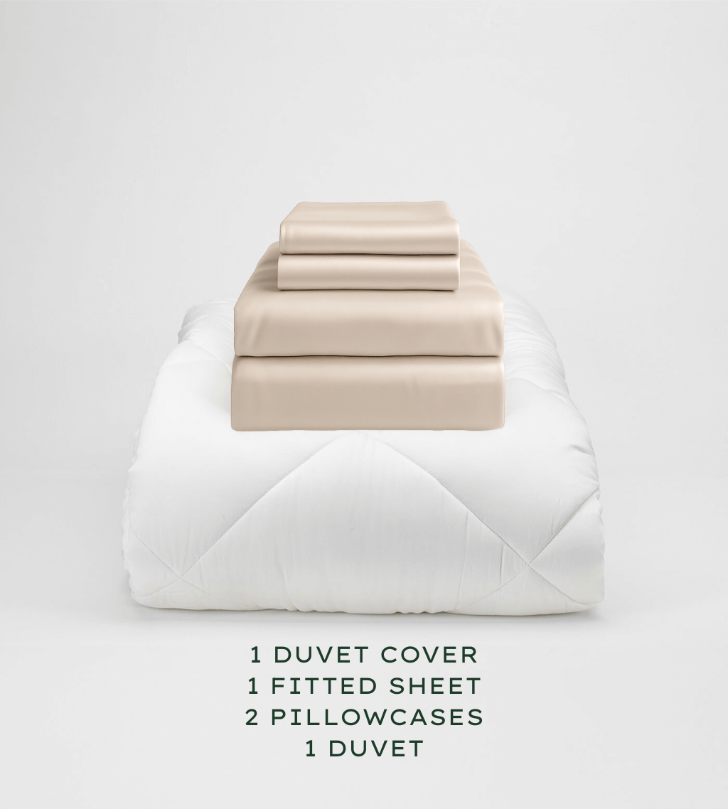 Beige bedding set on a white background