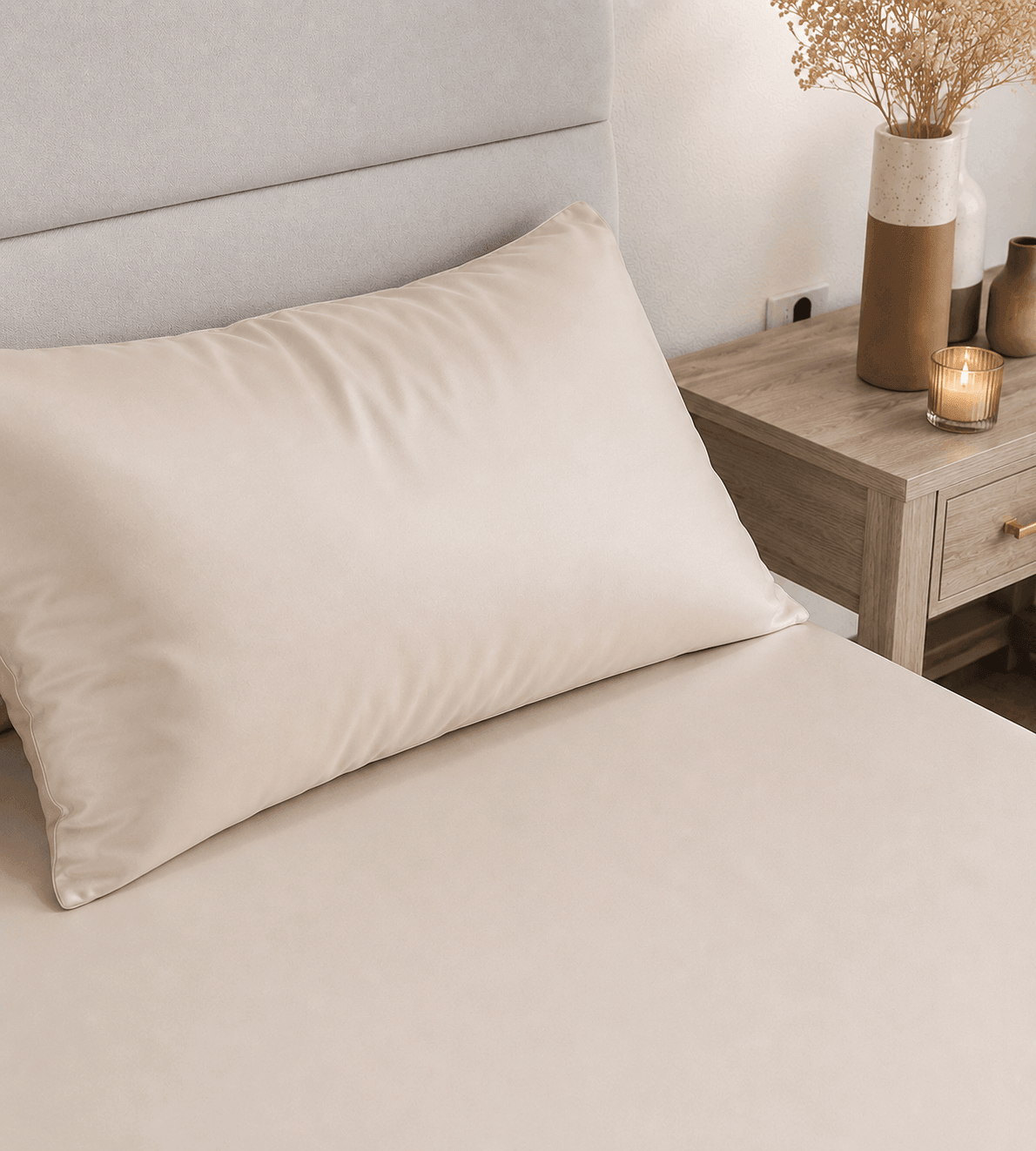 Oatmeal pillow on a bed