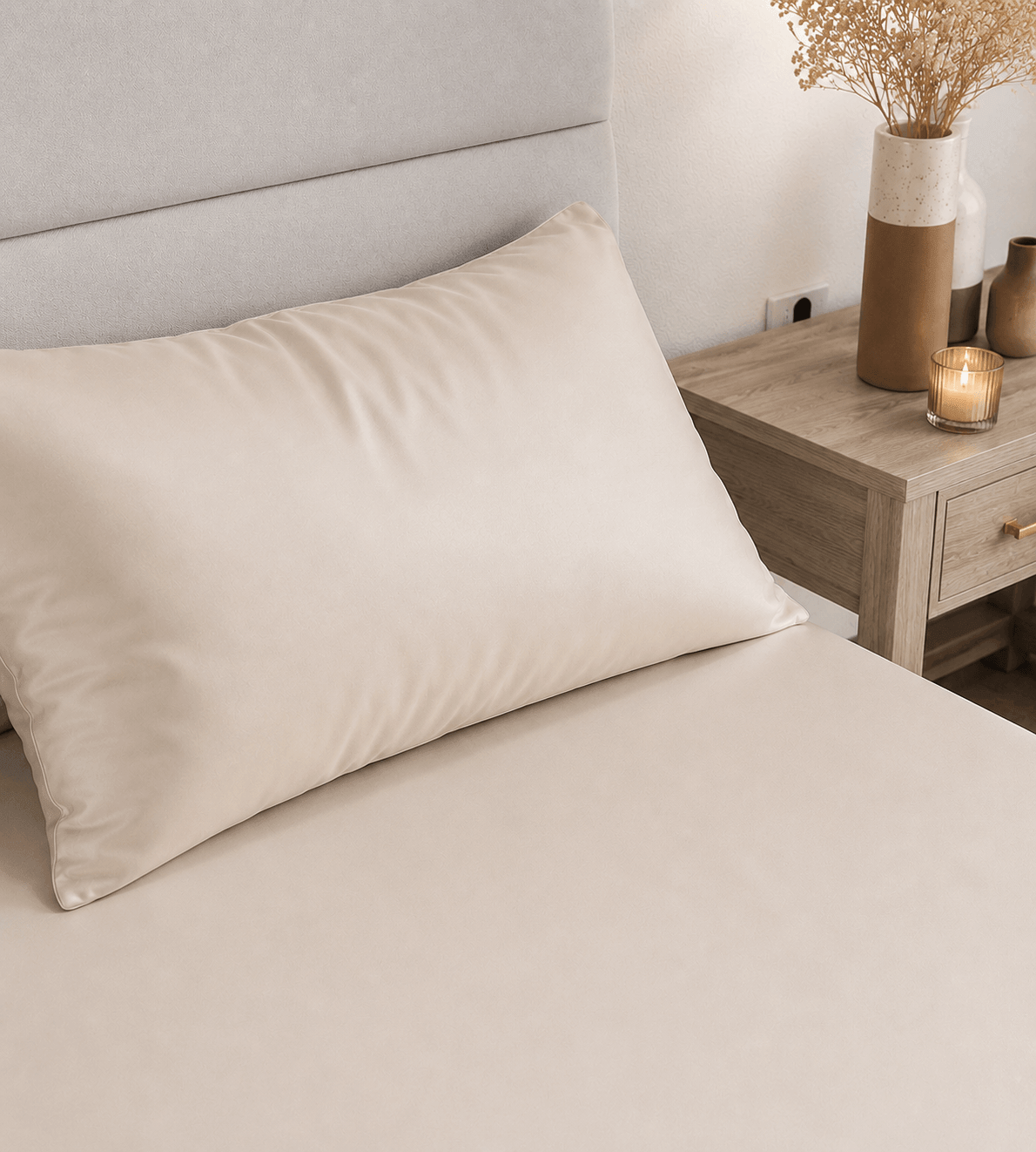 Oatmeal fitted sheet on bed