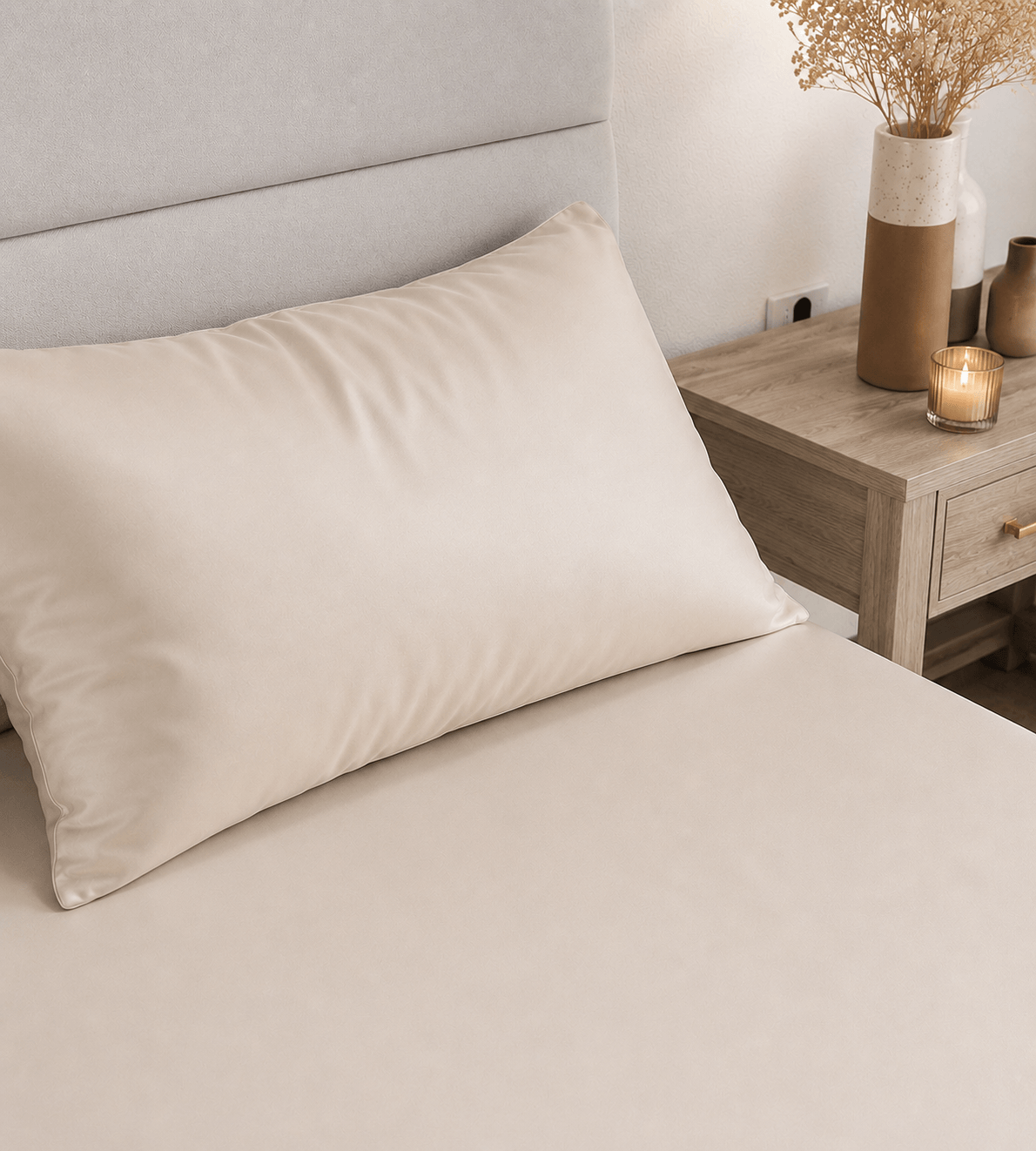 Oatmeal fitted sheet on bed