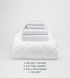 White bedding set with duvet, duvet cover, fitted sheet, and pillowcases on a white background.