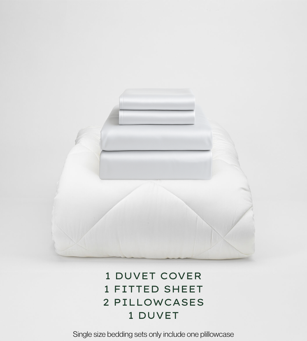 Soft Grey bedding set with duvet, duvet cover, fitted sheet, and pillowcases on a light gray background.