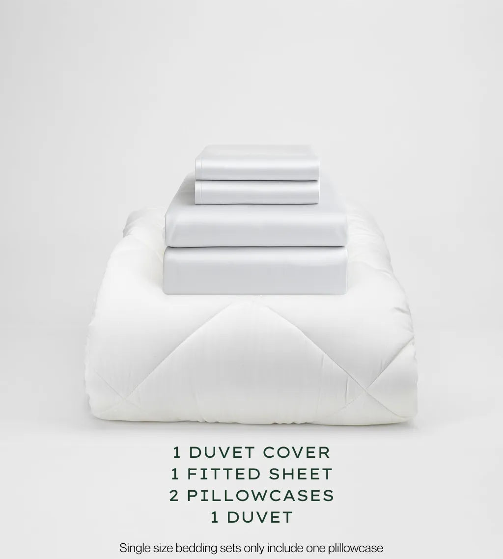 Soft Grey bedding set with duvet, duvet cover, fitted sheet, and pillowcases on a light gray background.