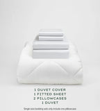 Soft Grey bedding set with duvet, duvet cover, fitted sheet, and pillowcases on a light gray background.