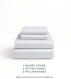 Soft Grey bedding set with duvet cover, fitted sheet, and pillowcases on a white background.