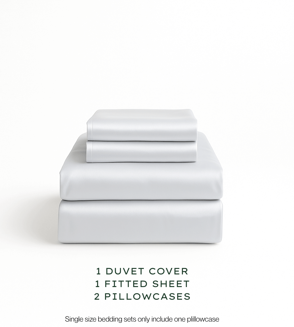 Soft Grey bedding set with duvet cover, fitted sheet, and pillowcases on a white background.