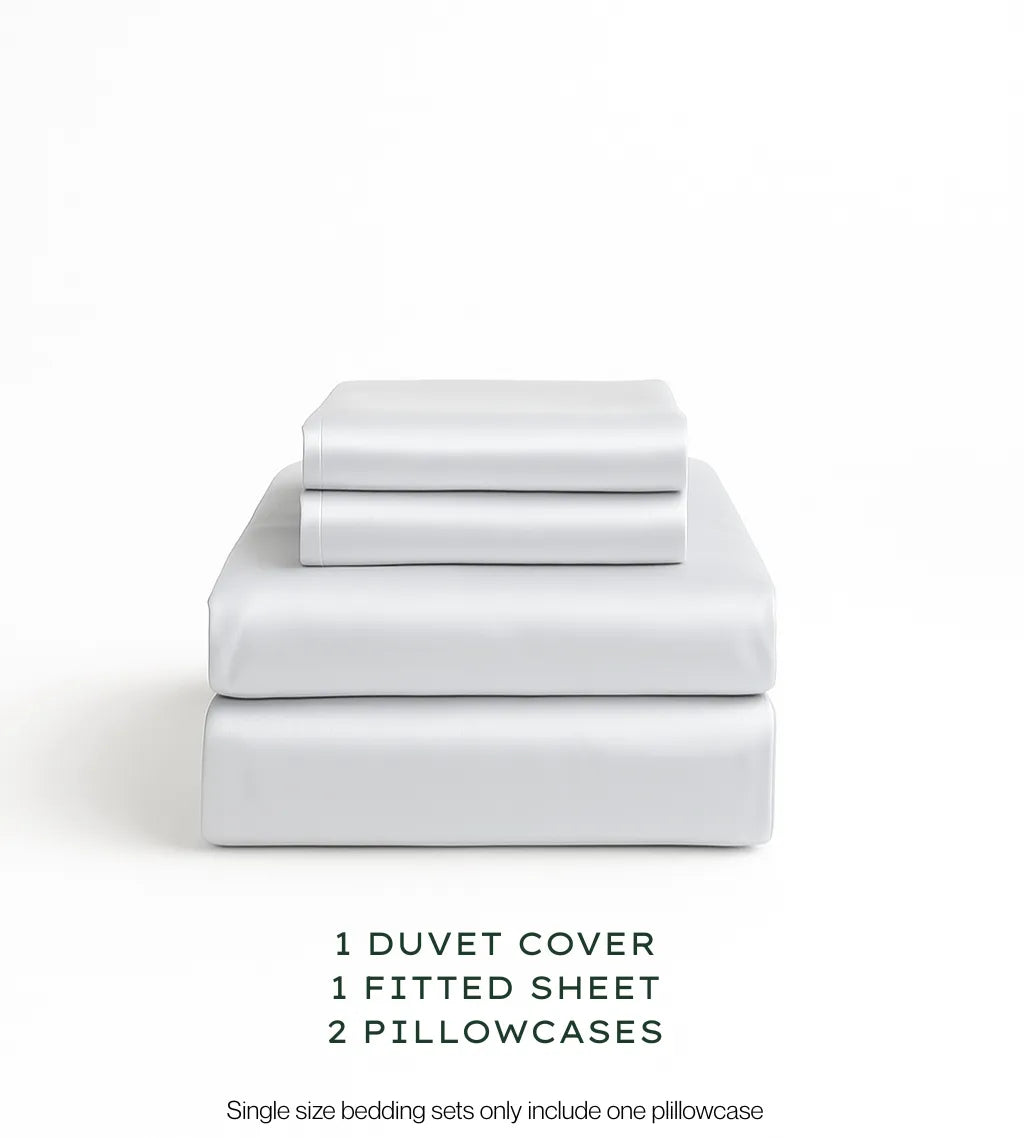 Soft Grey bedding set with duvet cover, fitted sheet, and pillowcases on a white background.