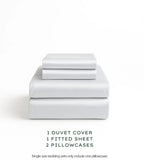 Soft Grey bedding set with duvet cover, fitted sheet, and pillowcases on a white background.