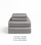 Gray bedding set with duvet cover, fitted sheet, and pillowcases on a white background.