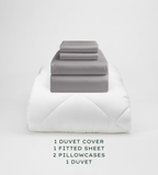 Gray bedding set with duvet cover, fitted sheet, and pillowcases on a white background