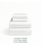 Set of white bedding including a duvet cover, fitted sheet, and pillowcases on a white background.