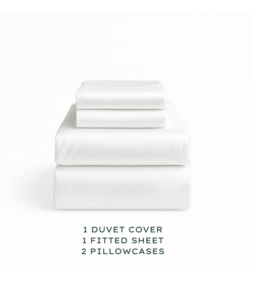 Set of white bedding including a duvet cover, fitted sheet, and pillowcases on a white background.