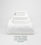 Set of white bedding including a duvet cover, fitted sheet, and pillowcases on a light gray background.