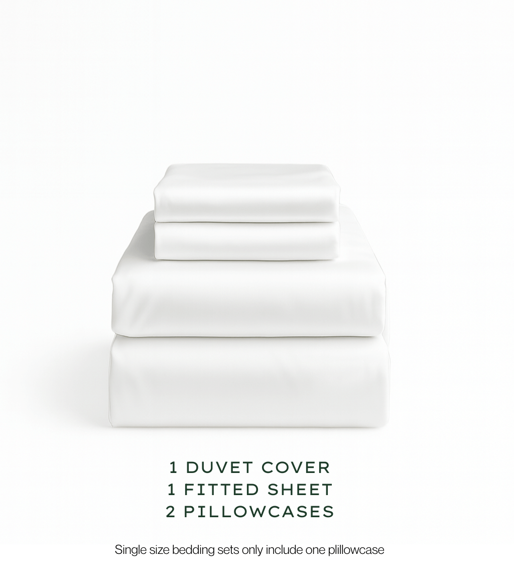 White bedding set with duvet cover, fitted sheet, and pillowcases on a white background