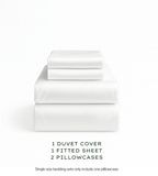 White bedding set with duvet cover, fitted sheet, and pillowcases on a white background