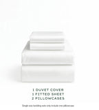 White bedding set with duvet cover, fitted sheet, and pillowcases on a white background