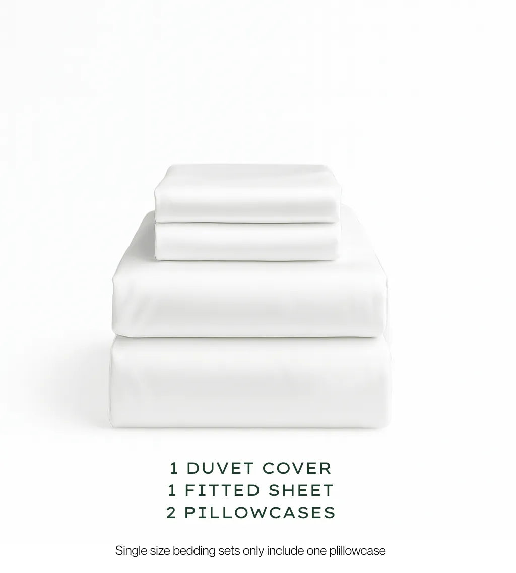 White bedding set with duvet cover, fitted sheet, and pillowcases on a white background